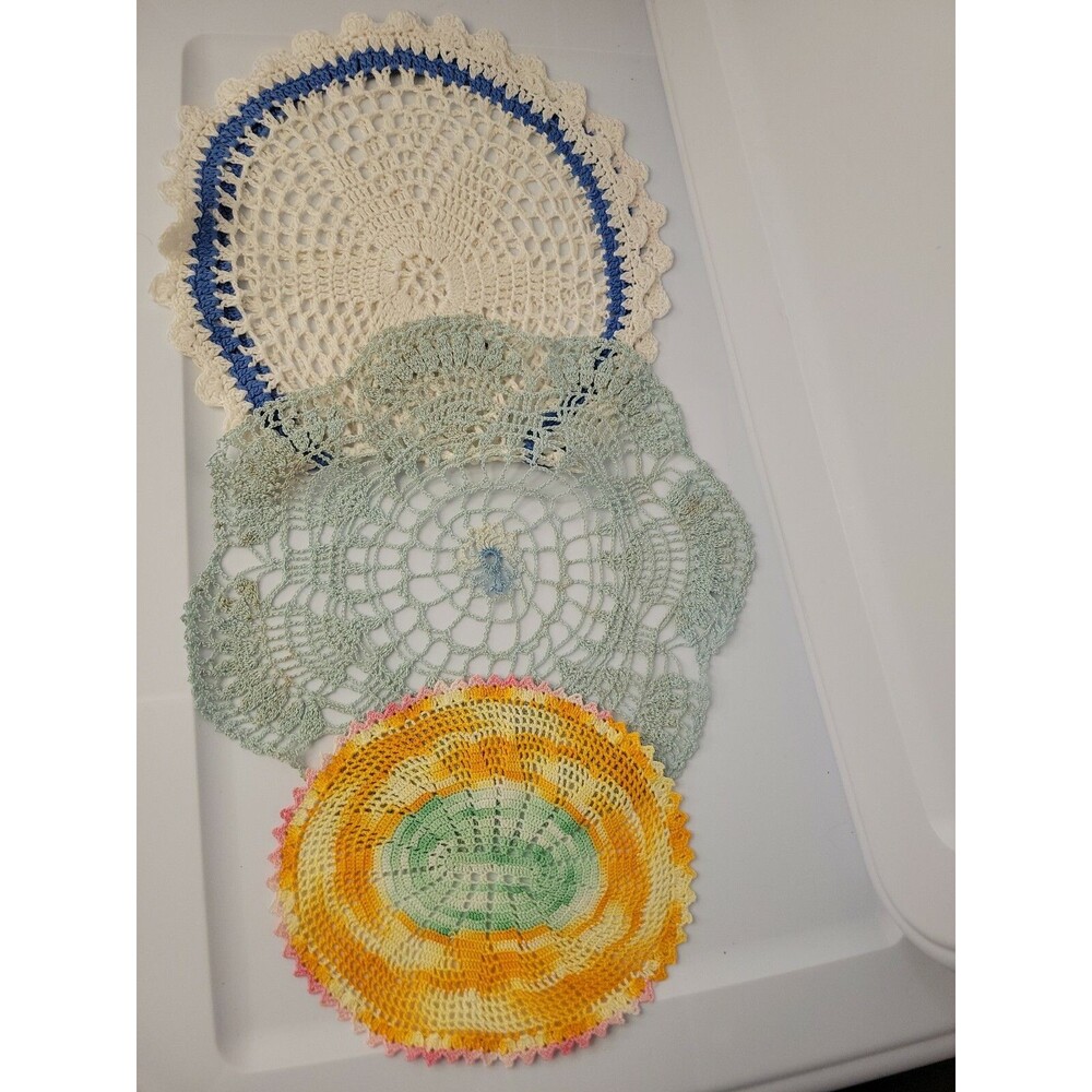 Vintage Crochet Doily Lot of 3- Great Colors- Aqua, Blue, Orange Table Decor